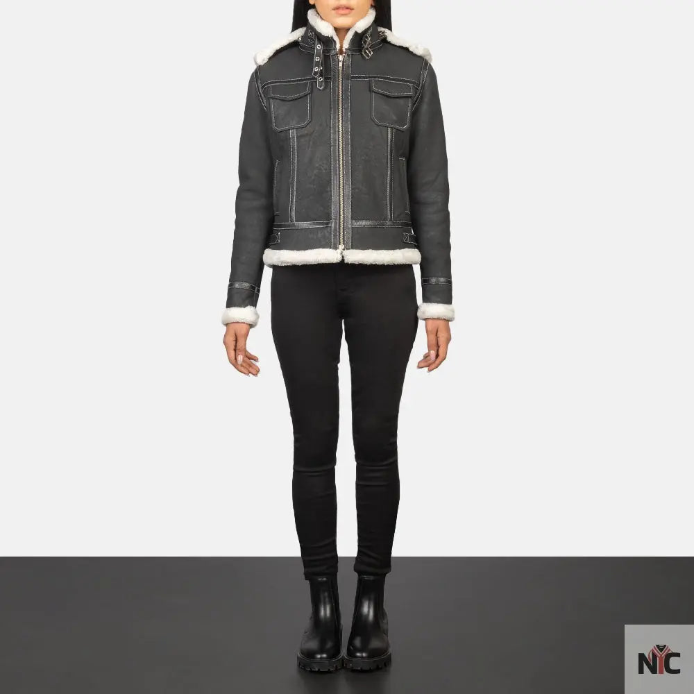 Fiona Black Hooded Shearling Leather Jacket USA Jackets