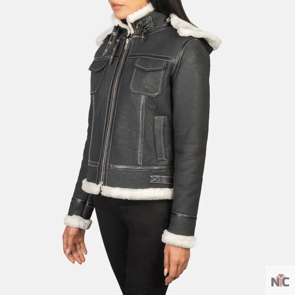 Fiona Black Hooded Shearling Leather Jacket USA Jackets