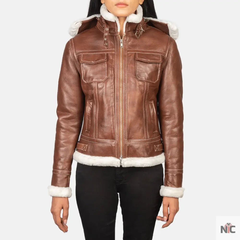 Fiona Brown Hooded Shearling Leather Jacket USA Jackets