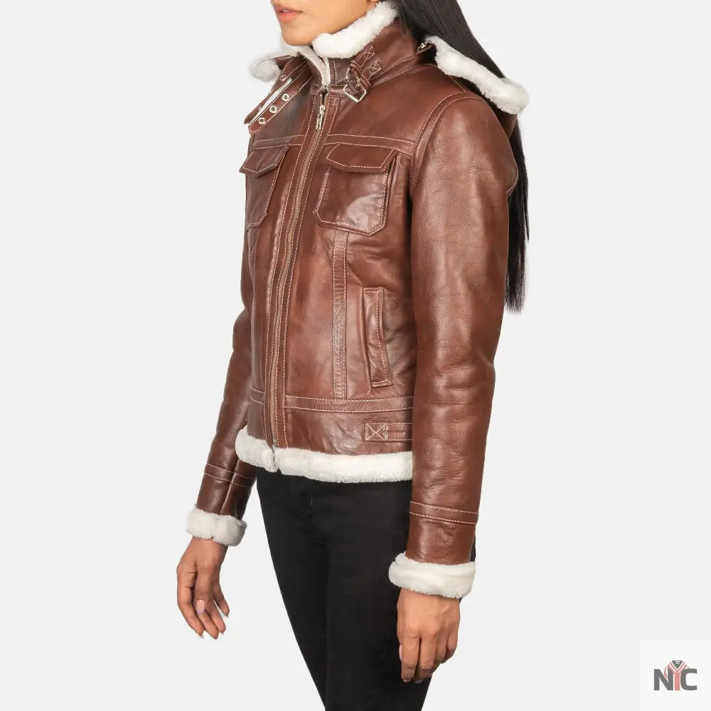 Fiona Brown Hooded Shearling Leather Jacket USA Jackets
