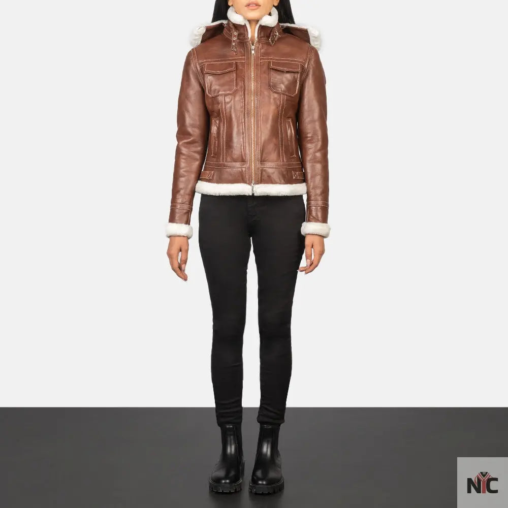 Fiona Brown Hooded Shearling Leather Jacket USA Jackets