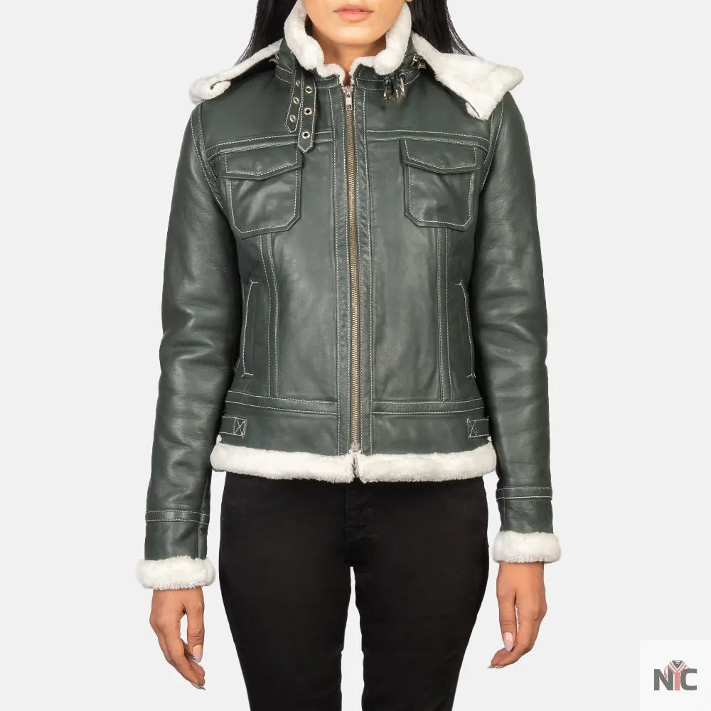 Fiona Green Hooded Shearling Leather Jacket USA Jackets