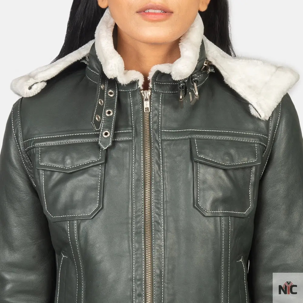 Fiona Green Hooded Shearling Leather Jacket USA Jackets
