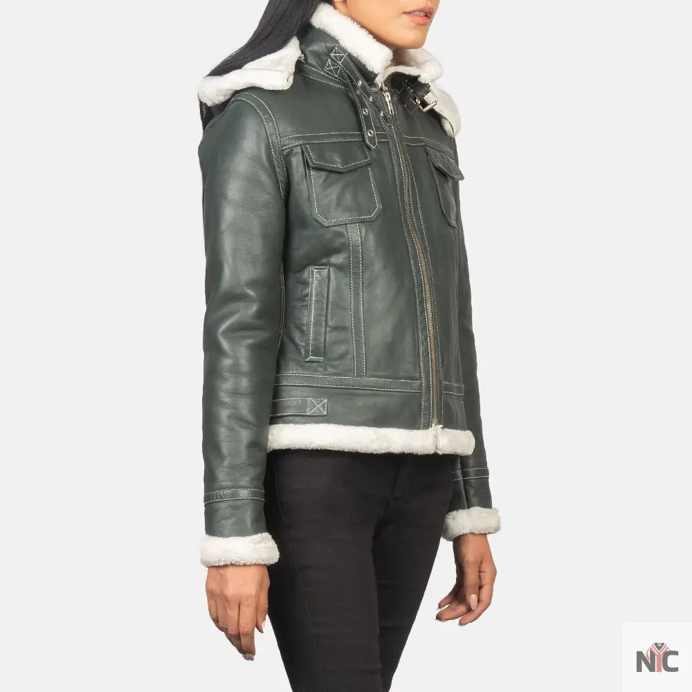 Fiona Green Hooded Shearling Leather Jacket USA Jackets
