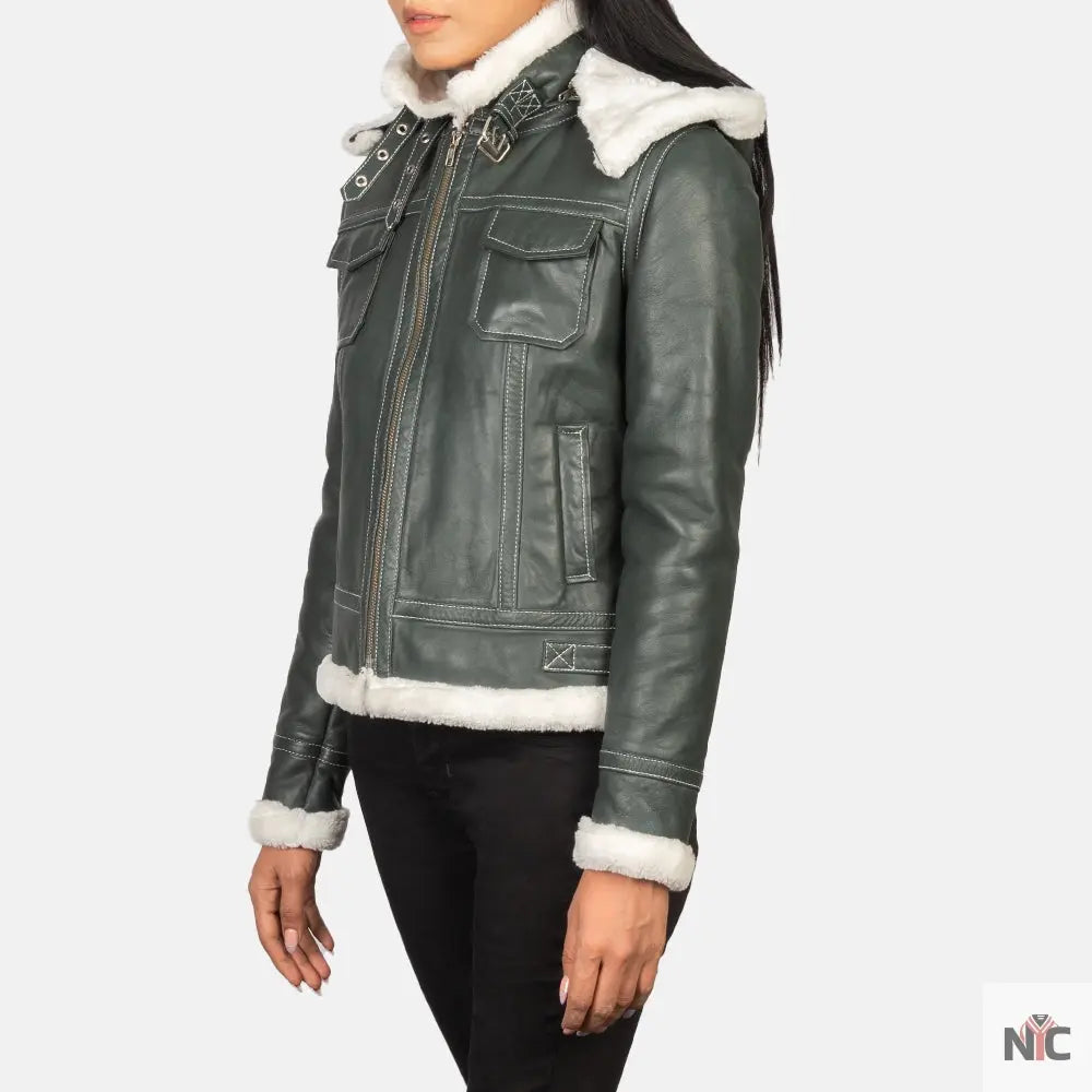 Fiona Green Hooded Shearling Leather Jacket USA Jackets