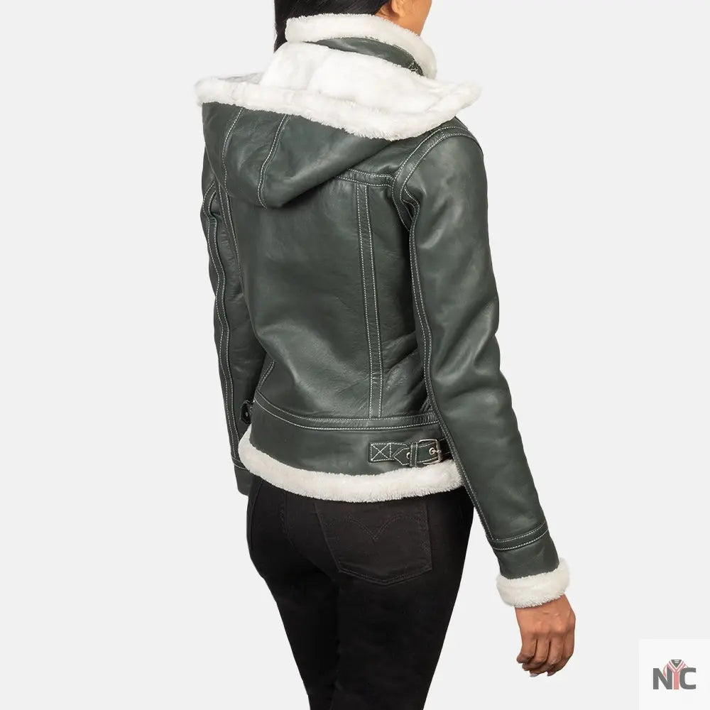 Fiona Green Hooded Shearling Leather Jacket USA Jackets