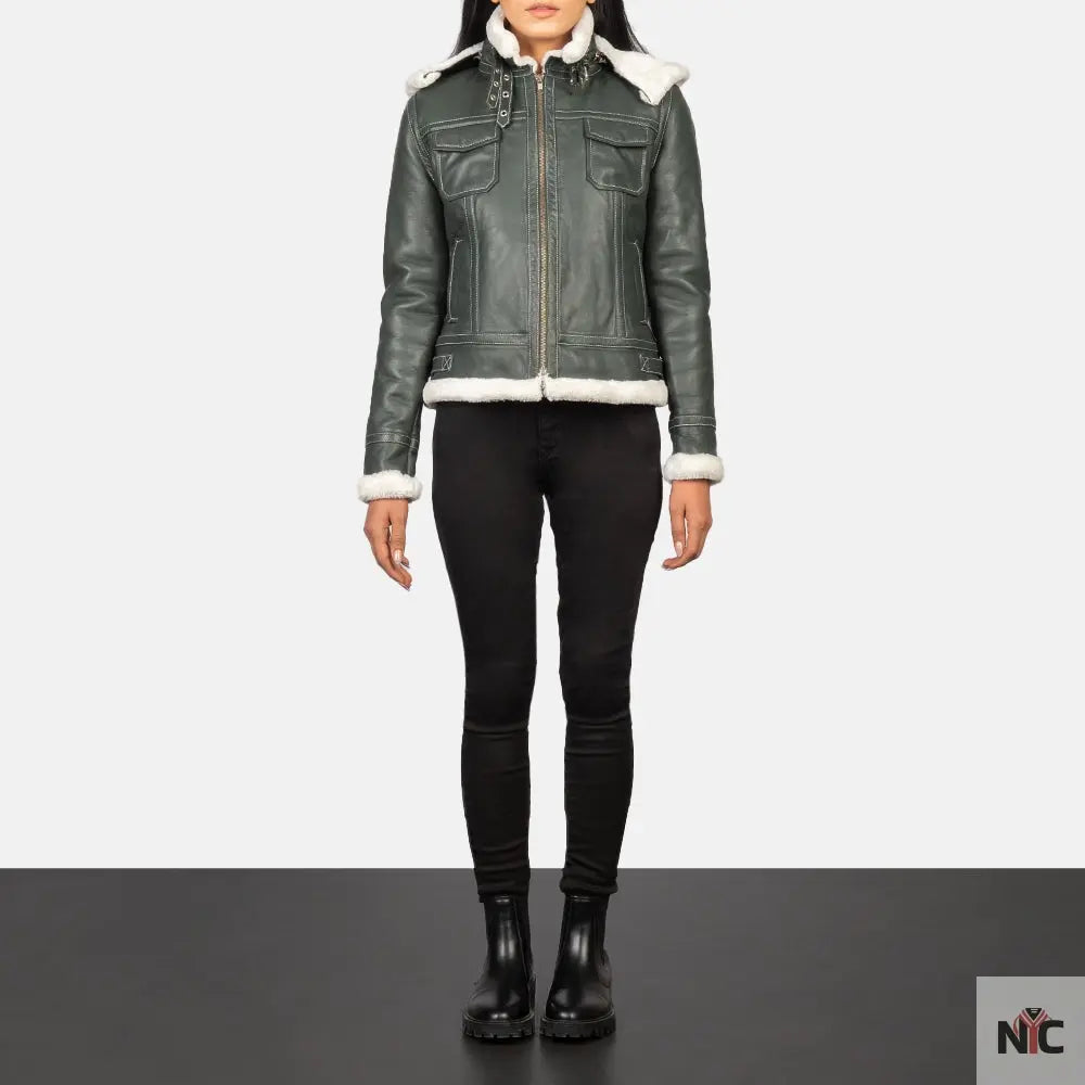 Fiona Green Hooded Shearling Leather Jacket USA Jackets