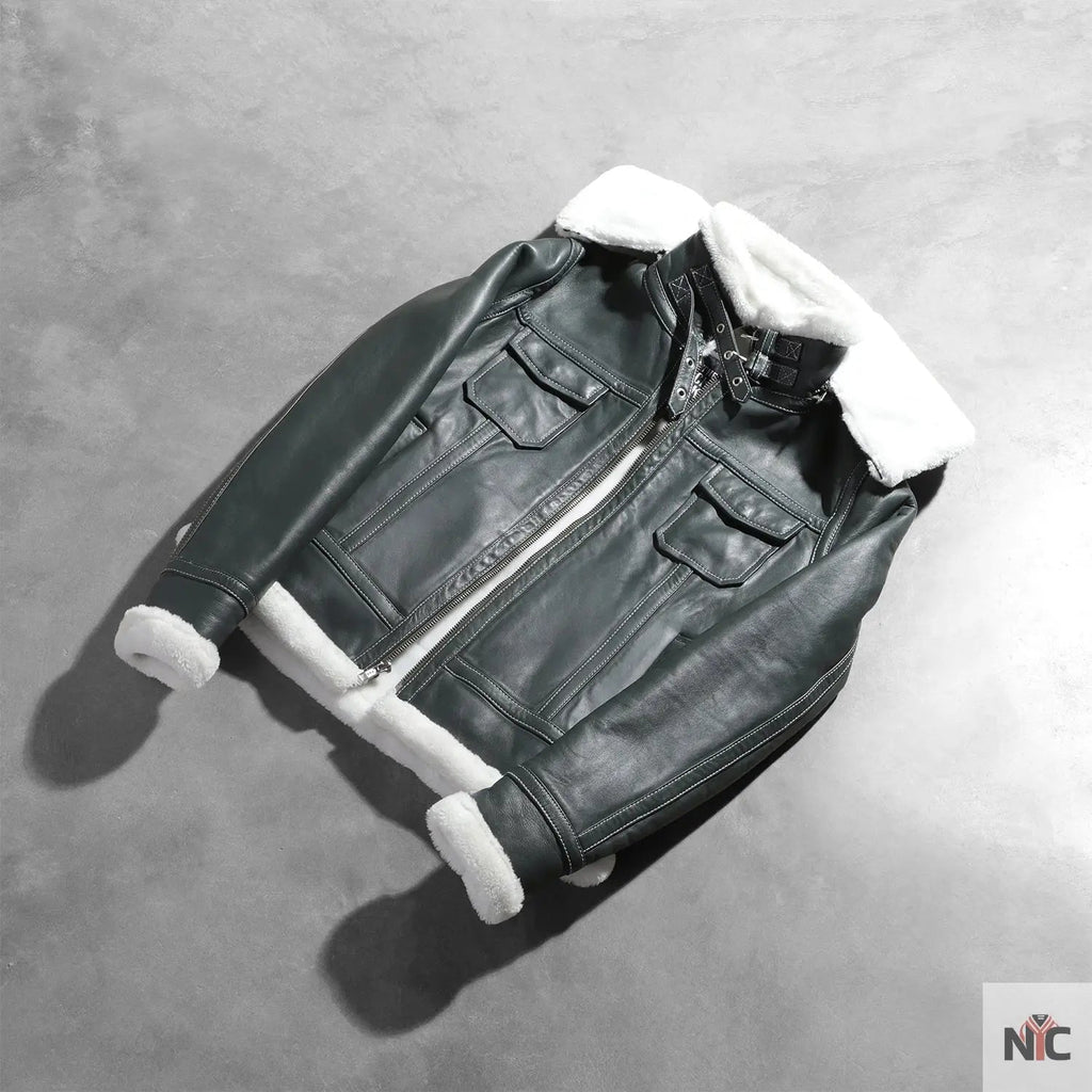 Fiona Green Hooded Shearling Leather Jacket USA Jackets
