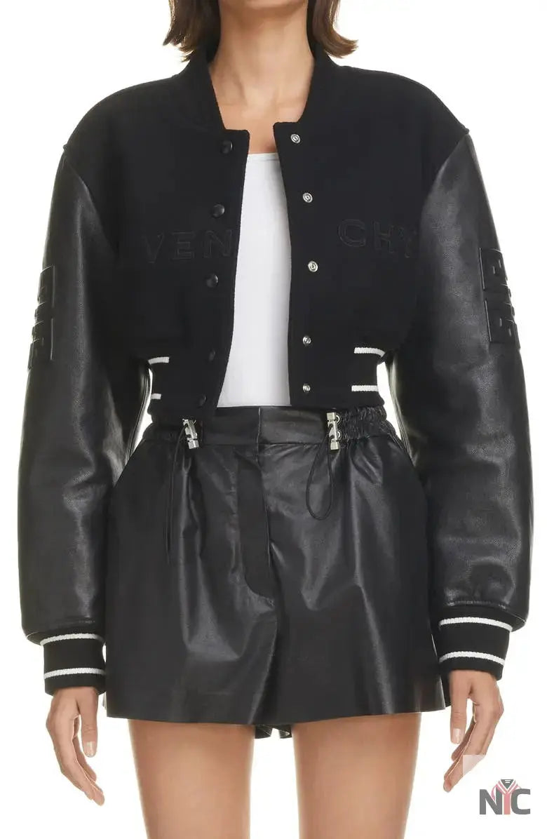 Givenchy Black Leather Sleeve Logo Crop Varsity Jacket USA Jackets