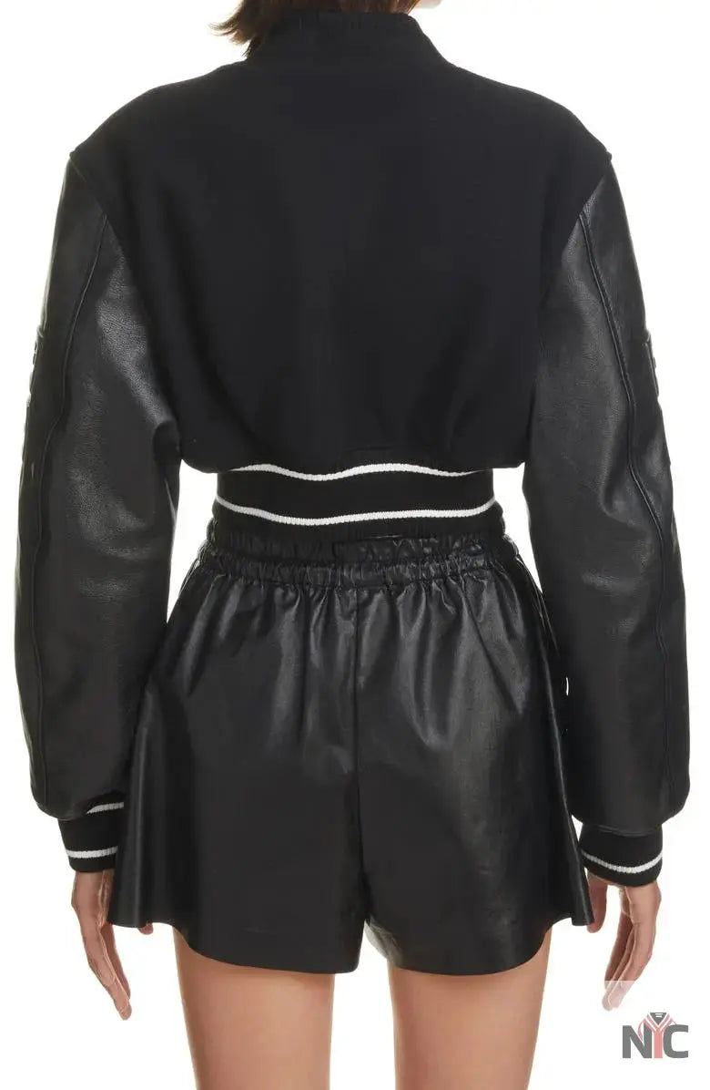 Givenchy Black Leather Sleeve Logo Crop Varsity Jacket USA Jackets