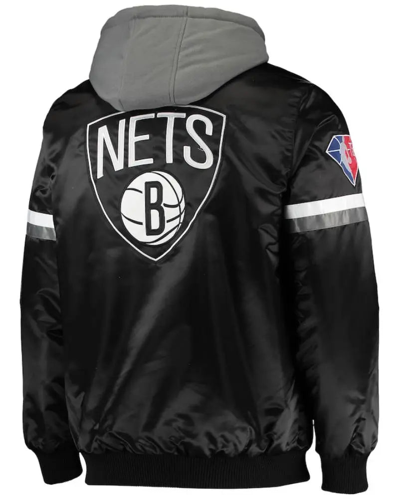 Men’s Brooklyn Nets Starter Black/Gray NBA 75th Anniversary Full-Snap Varsity Hoodie Jacket USA Jackets