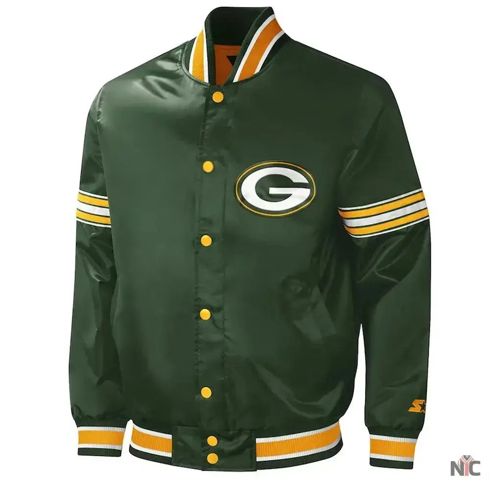 Green Bay Packers Midfield Varsity Green Satin Jacket USA Jackets