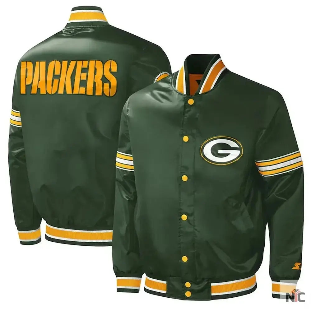 Green Bay Packers Midfield Varsity Green Satin Jacket USA Jackets
