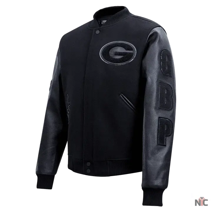 Green Bay Packers Triple Black Logo Varsity Jacket USA Jackets