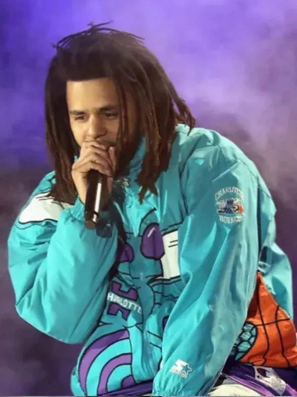 J. Cole 90s Char­lotte Hor­nets Blue Hooded Jack­et USA Jackets