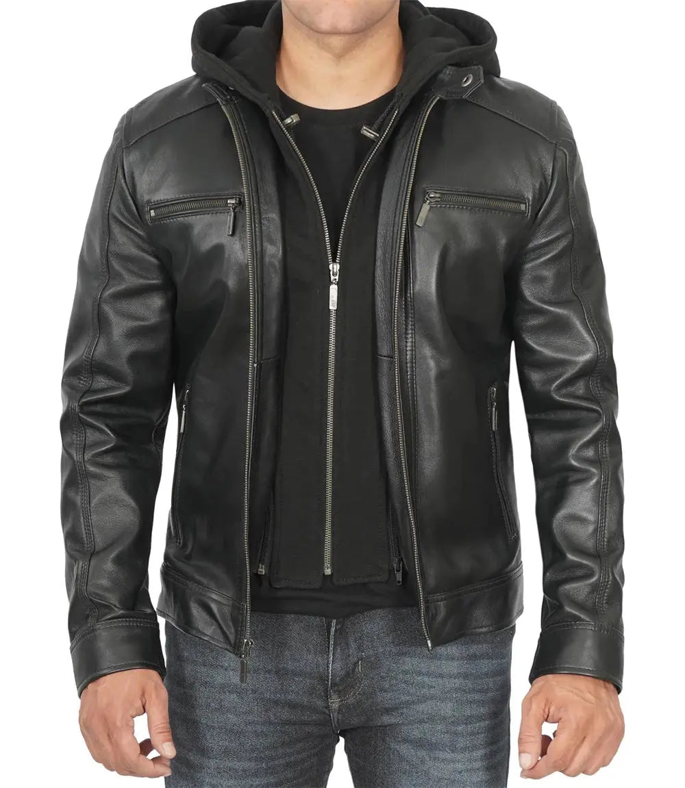Men Black Leather Racer Jacket with Removable Hoodie USA Jackets