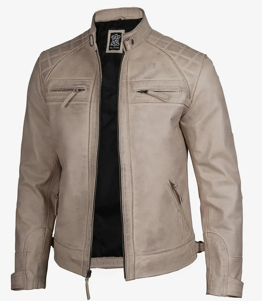 Men Diamond Beige Cafe Racer Leather Jacket USA Jackets