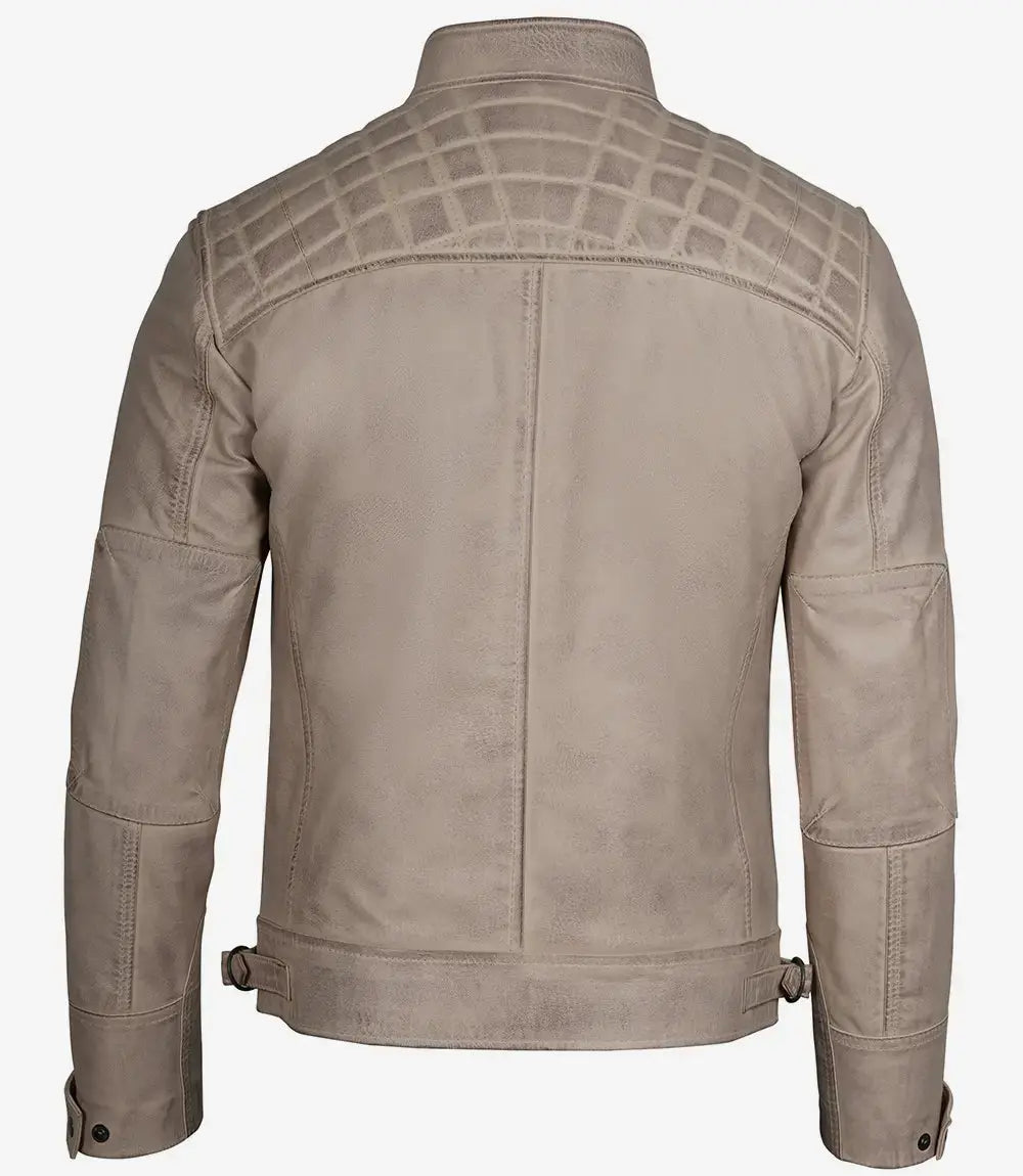 Men Diamond Beige Cafe Racer Leather Jacket USA Jackets