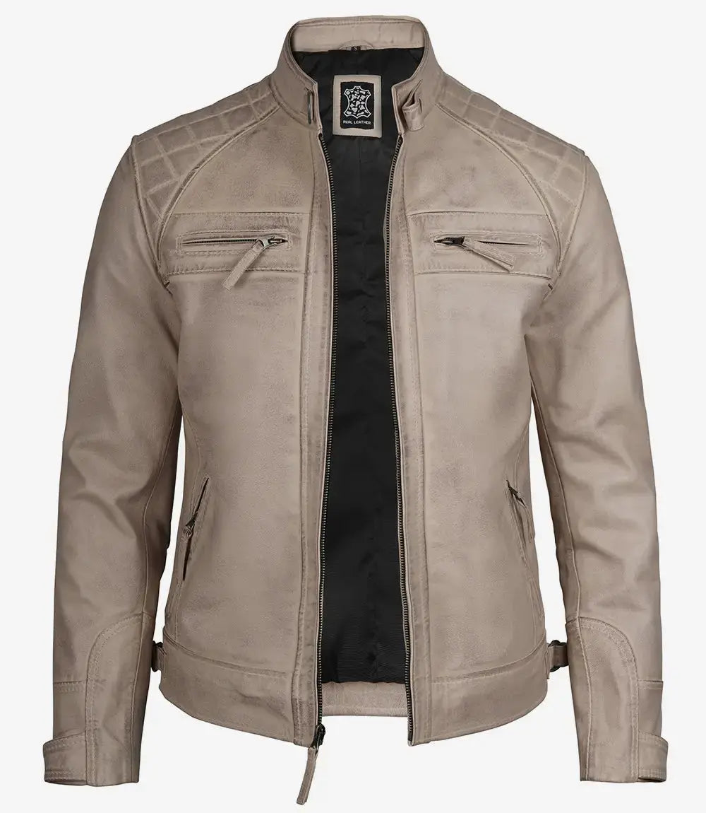 Men Diamond Beige Cafe Racer Leather Jacket USA Jackets