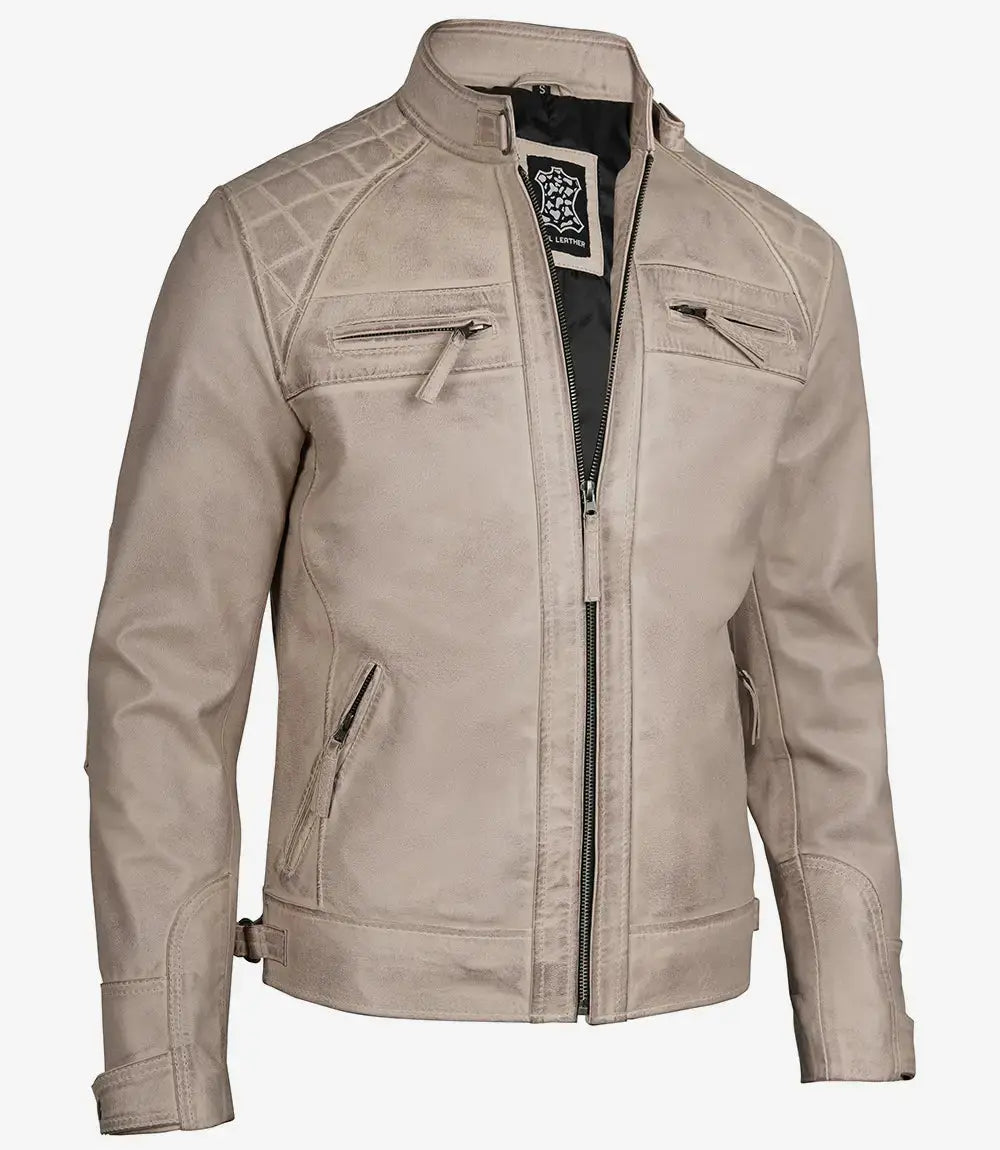 Men Diamond Beige Cafe Racer Leather Jacket USA Jackets