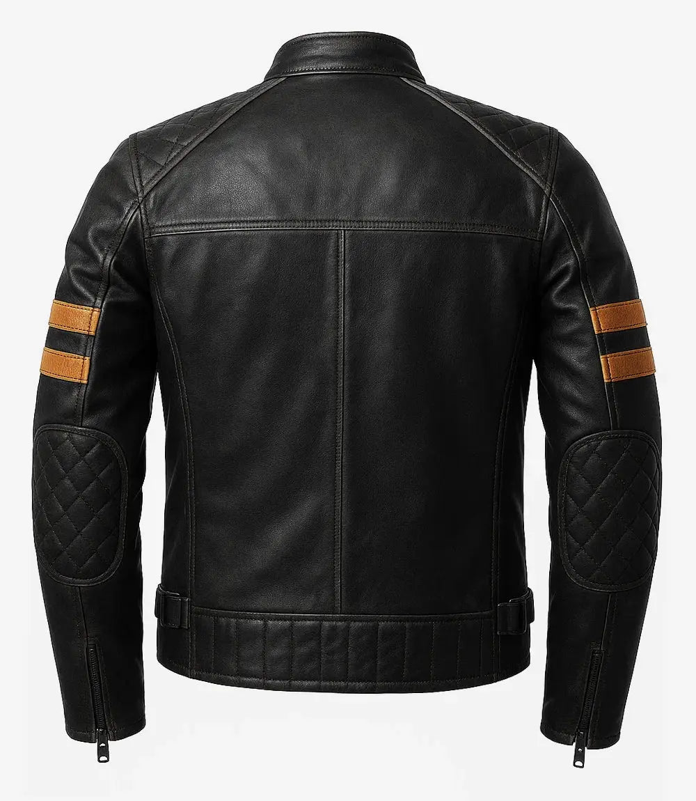 Men’s Black Cafe Racer Leather Jacket with Tan Accent Stripes USA Jackets