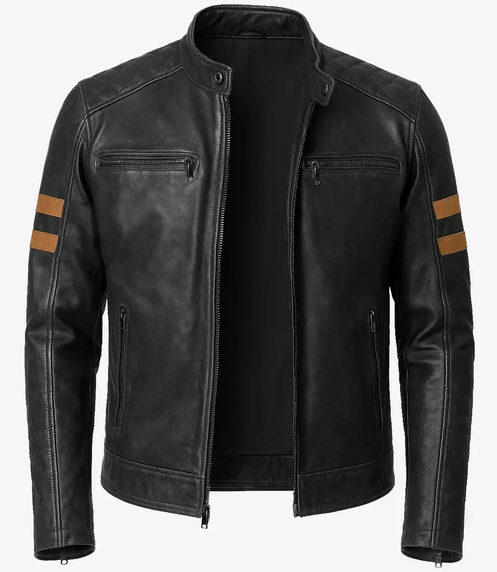 Men’s Black Cafe Racer Leather Jacket with Tan Accent Stripes USA Jackets