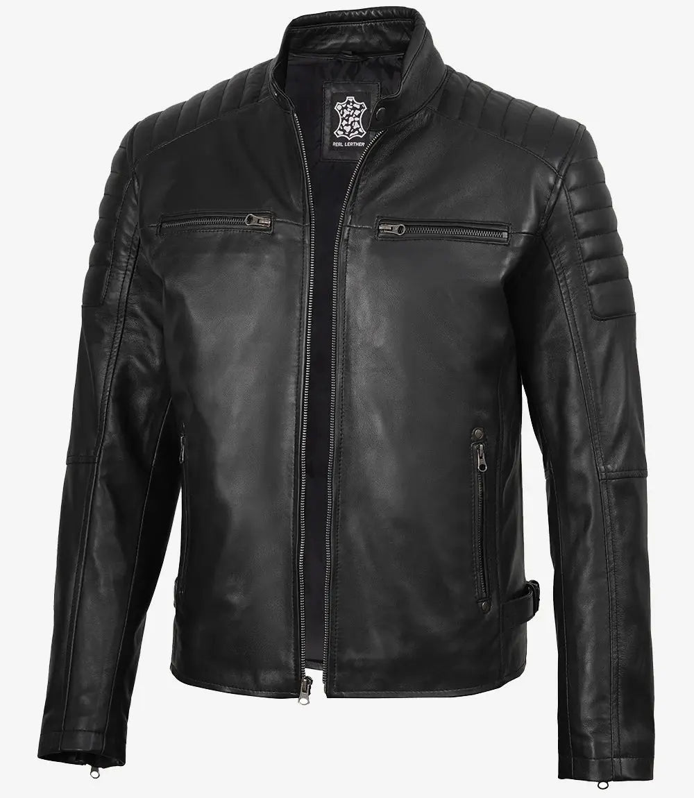 Men's Black Cafe Racer Padded Shoulders Real Leather Jacket USA Jackets
