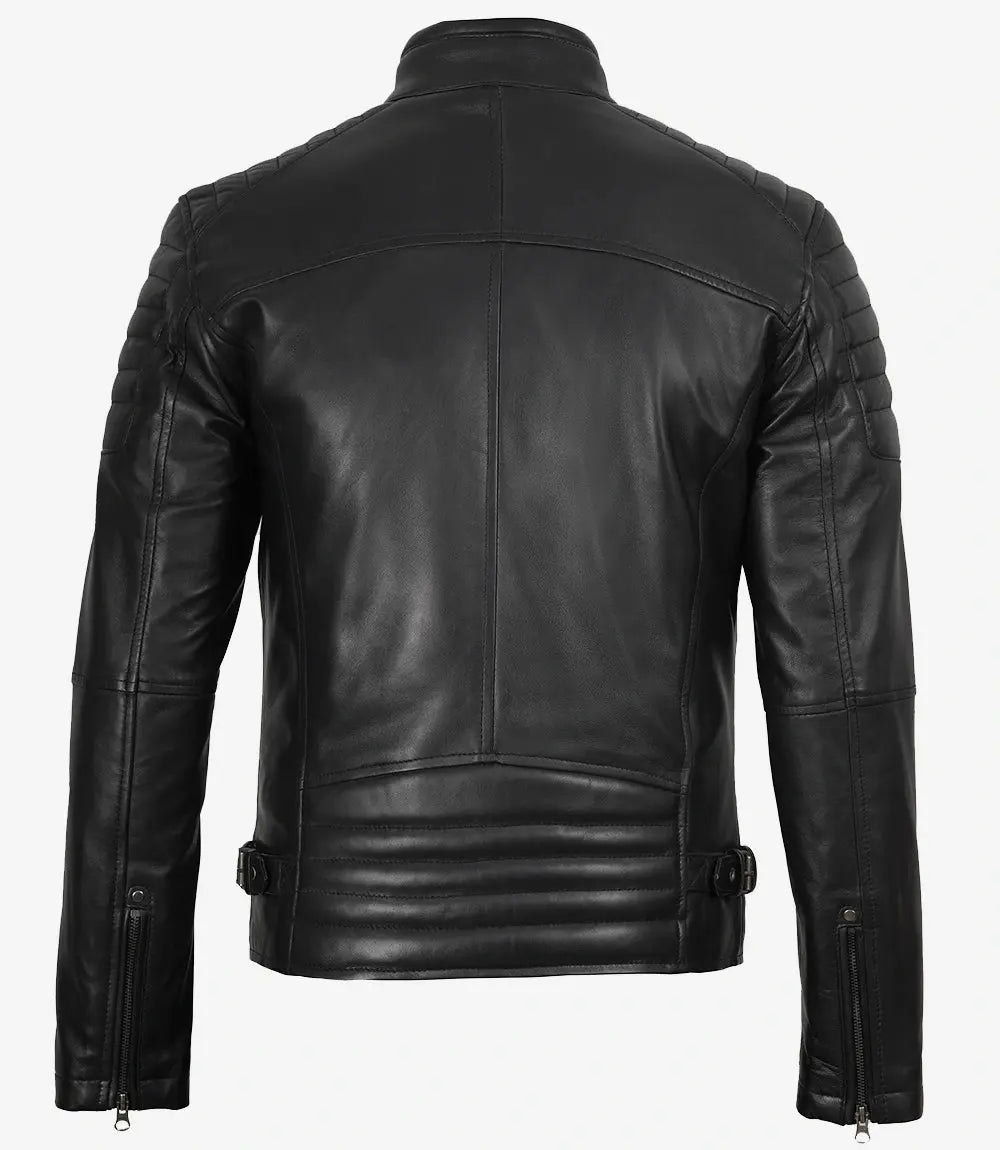 Men's Black Cafe Racer Padded Shoulders Real Leather Jacket USA Jackets