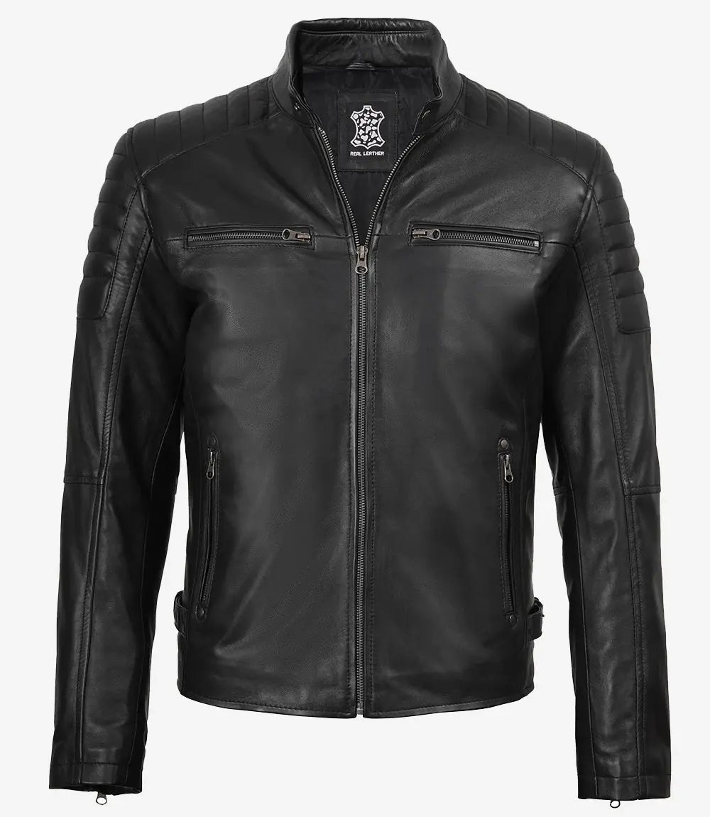 Men's Black Cafe Racer Padded Shoulders Real Leather Jacket USA Jackets