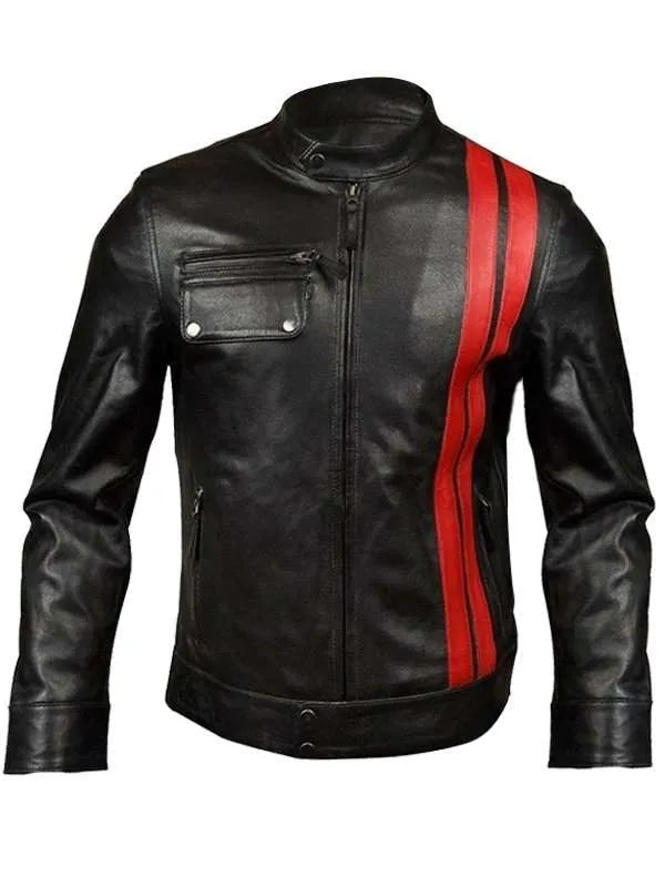 Men’s Black Classic Motorcycle Red Stripes Leather Jacket USA Jackets