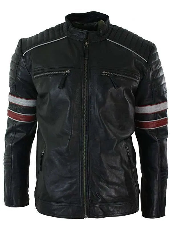 Men’s Black Red & White Stripes Moto Leather Jacket USA Jackets