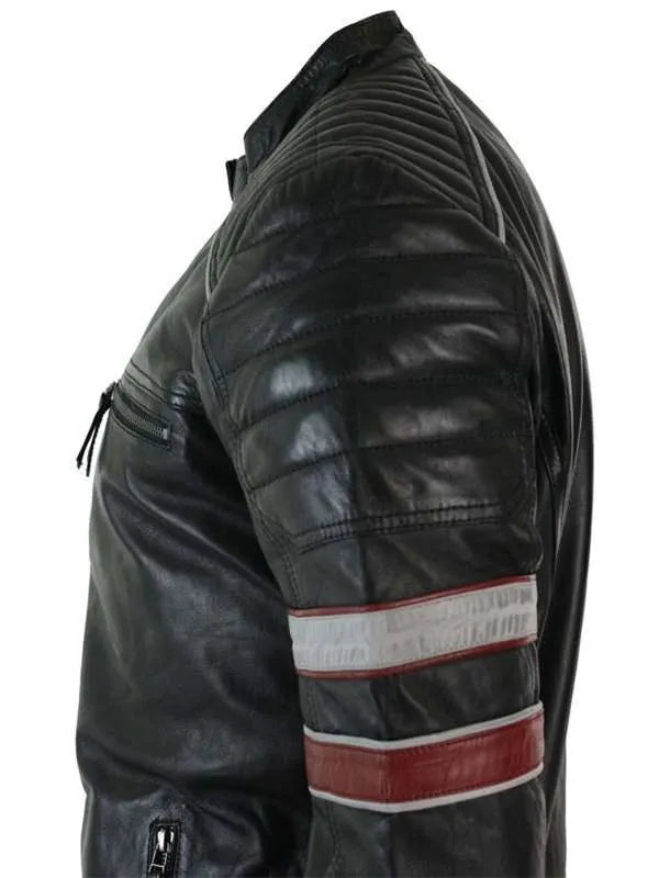 Men’s Black Red & White Stripes Moto Leather Jacket USA Jackets