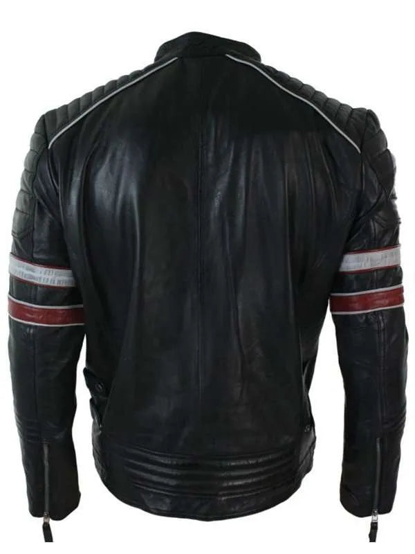Men’s Black Red & White Stripes Moto Leather Jacket USA Jackets