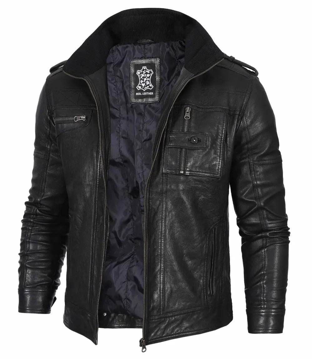 Men's Black Waxed Cafe Racer Leather Jacket USA Jackets
