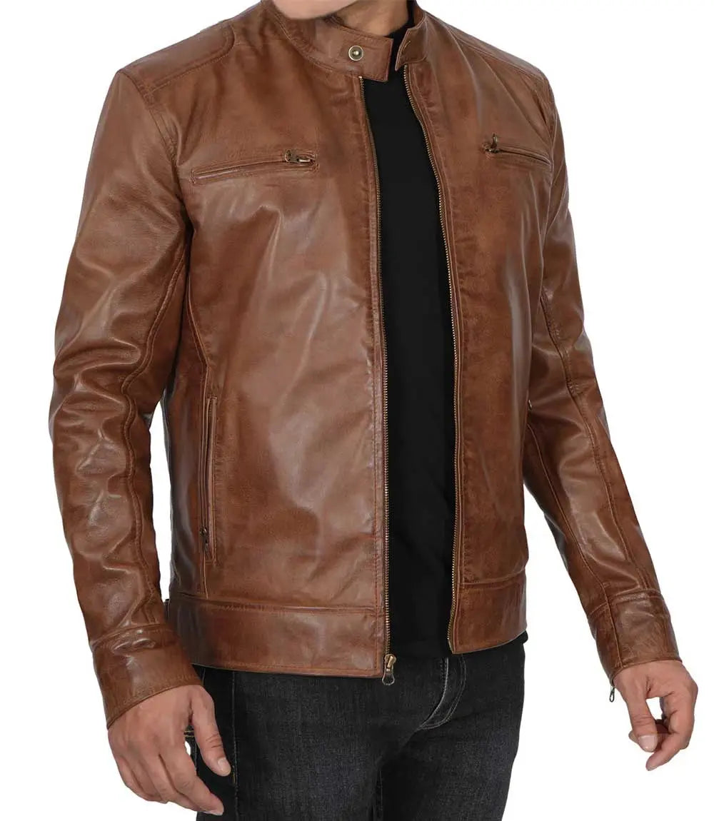 Men's Chocolate Brown Lambskin Cafe Racer Leather Jacket USA Jackets