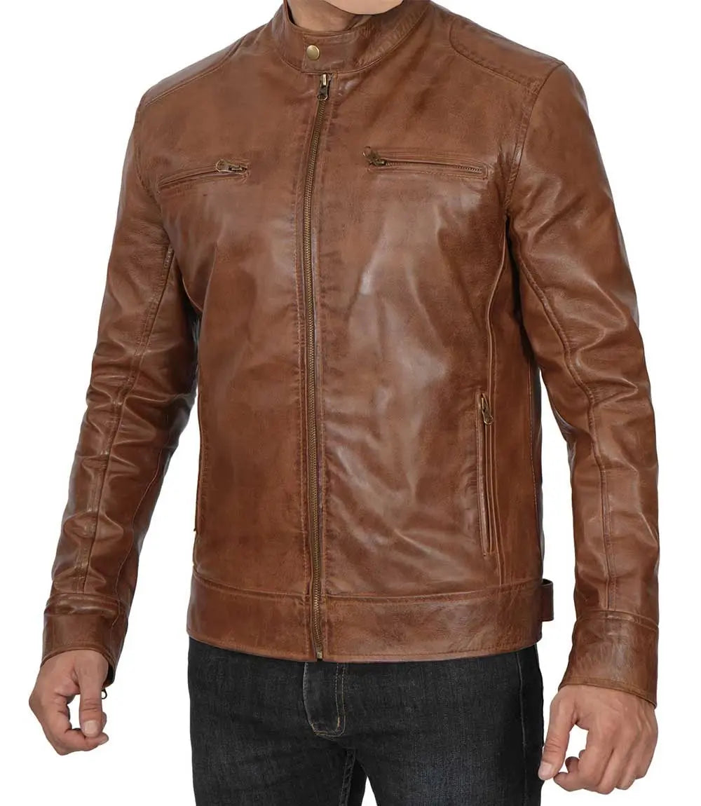 Men's Chocolate Brown Lambskin Cafe Racer Leather Jacket USA Jackets