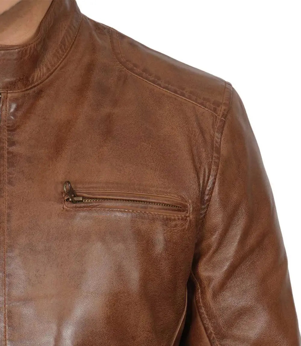 Men's Chocolate Brown Lambskin Cafe Racer Leather Jacket USA Jackets