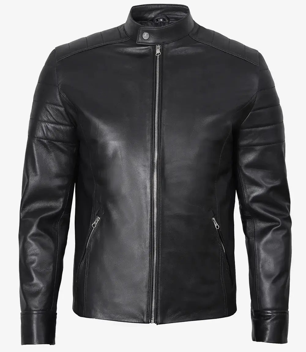 Men's Classic Black Leather Cafe Racer Jacket USA Jackets