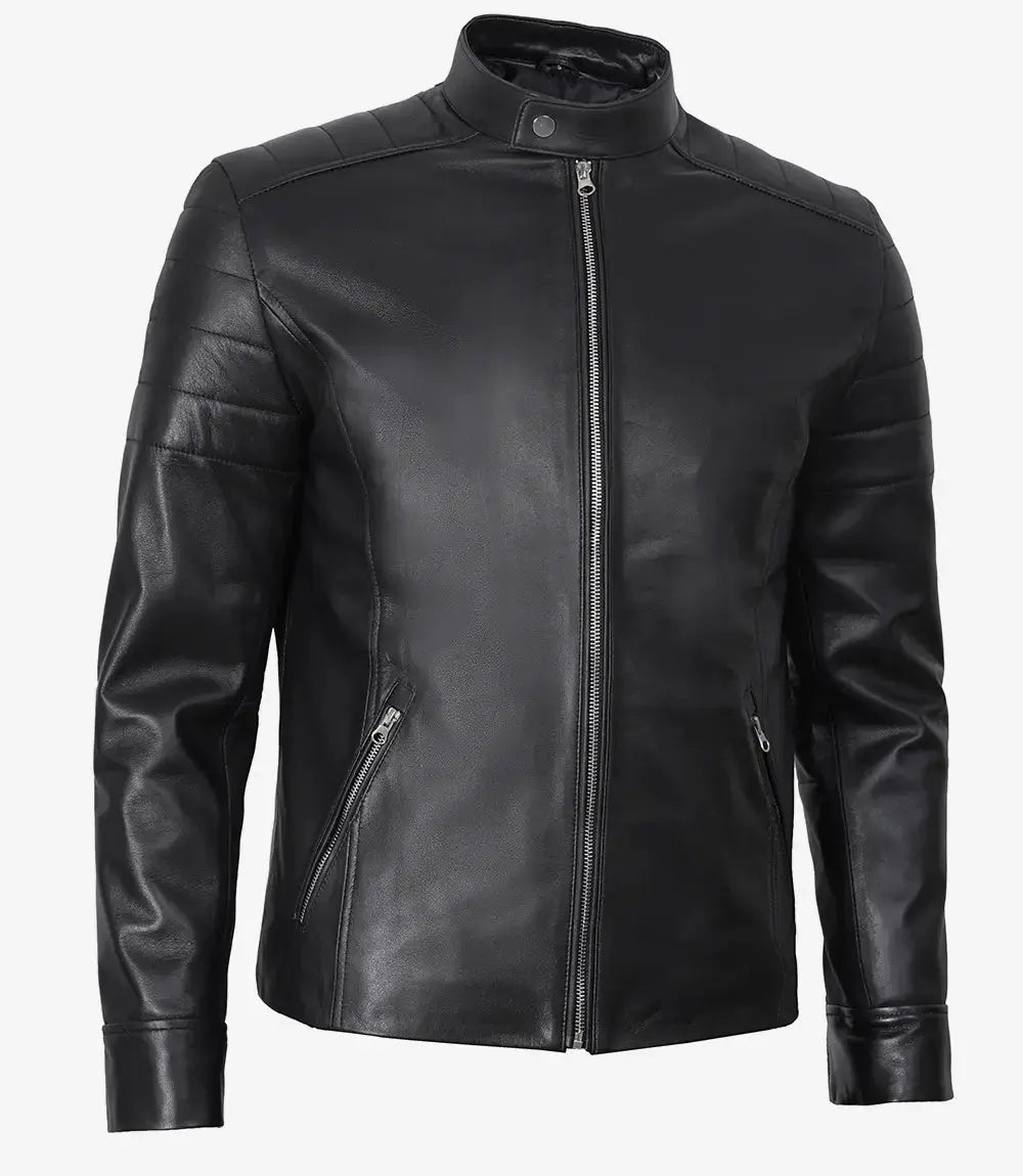 Men's Classic Black Leather Cafe Racer Jacket USA Jackets