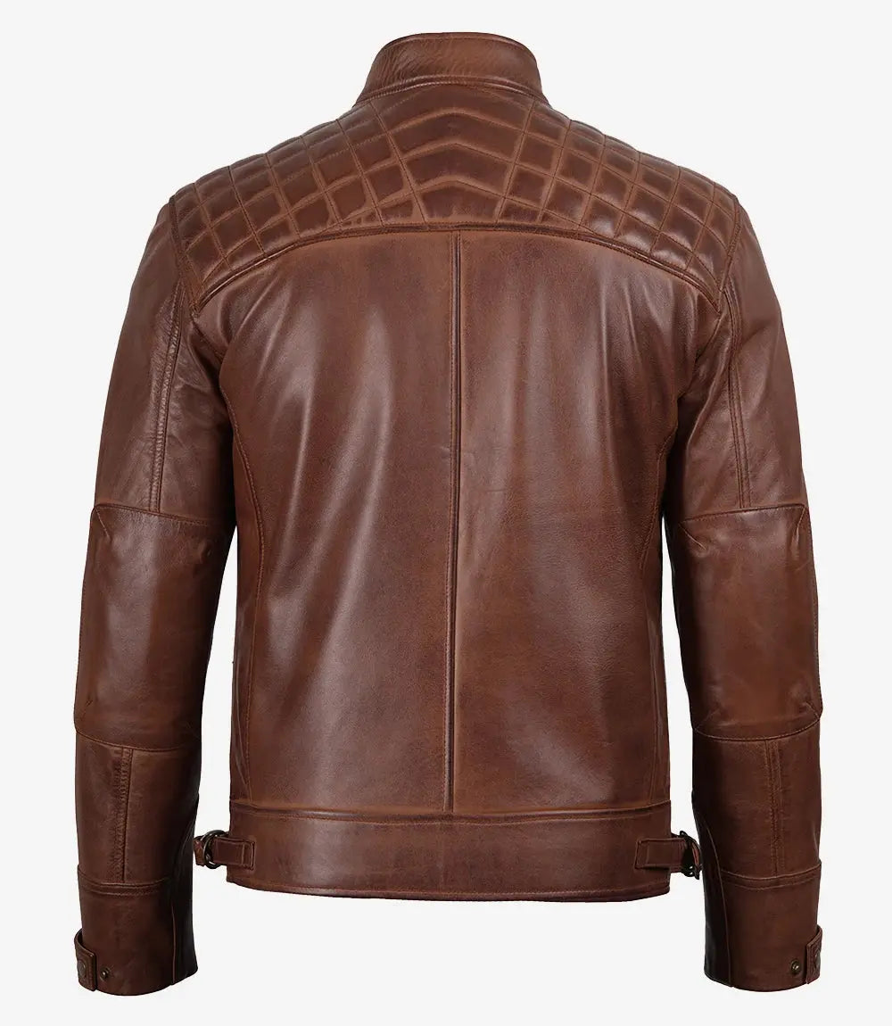Men’s Cognac Brown Quilted Leather Motorcycle Jacket USA Jackets