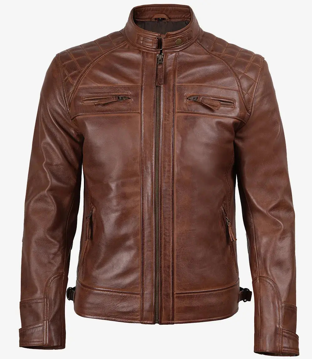 Men’s Cognac Brown Quilted Leather Motorcycle Jacket USA Jackets