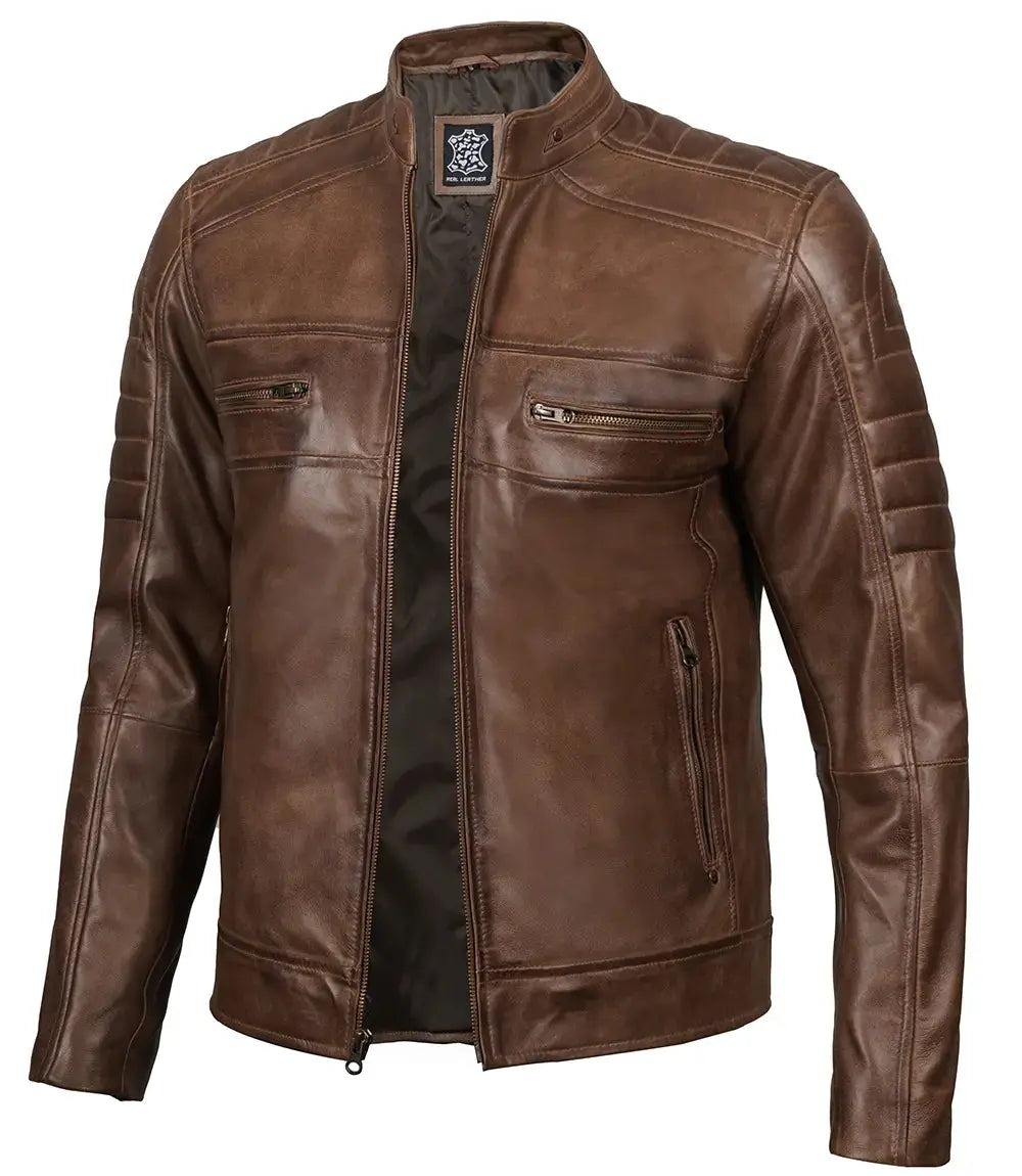 Men's Distressed Coffee Brown Leather Cafe Racer Jacket USA Jackets