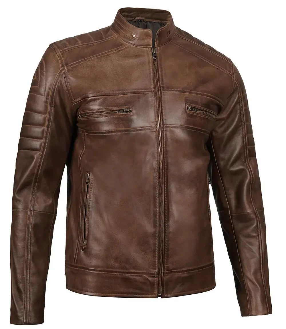 Men's Distressed Coffee Brown Leather Cafe Racer Jacket USA Jackets