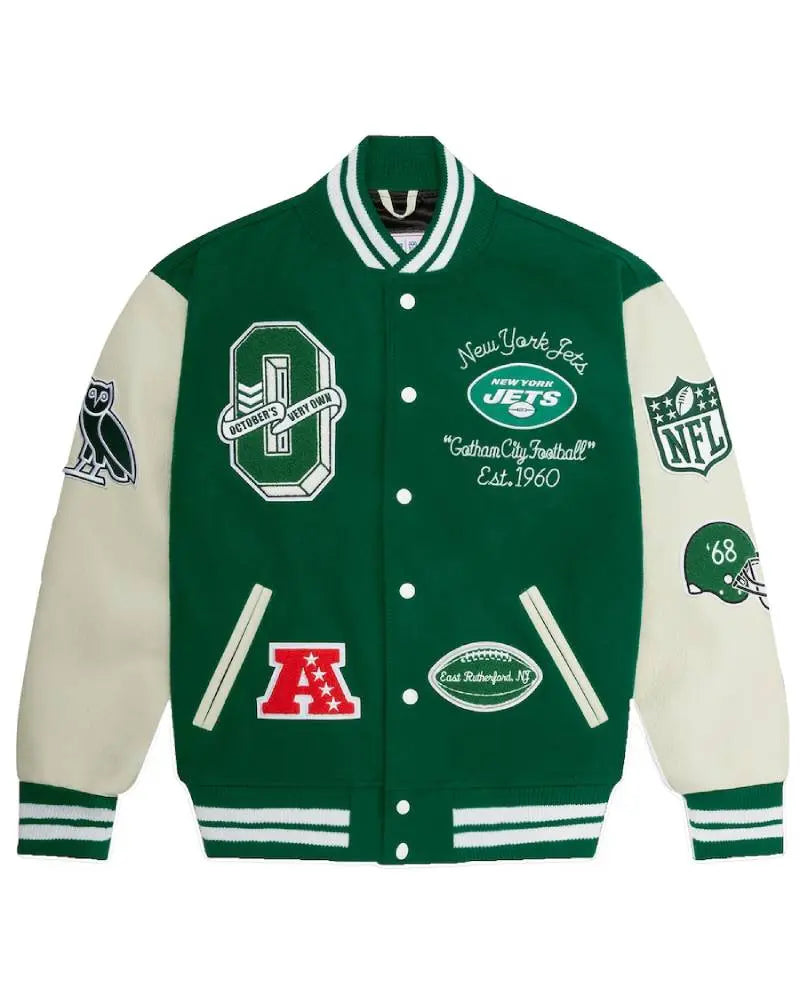 Men’s OVO x NFL Green New York Jets Full-Snap Varsity Jacket USA Jackets