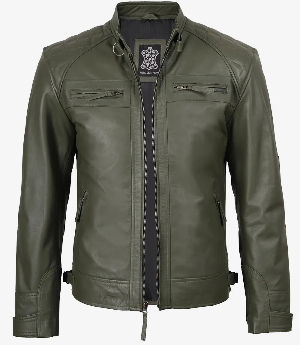 Men's Dark Green Real Leather Cafe Racer Biker Jacket USA Jackets