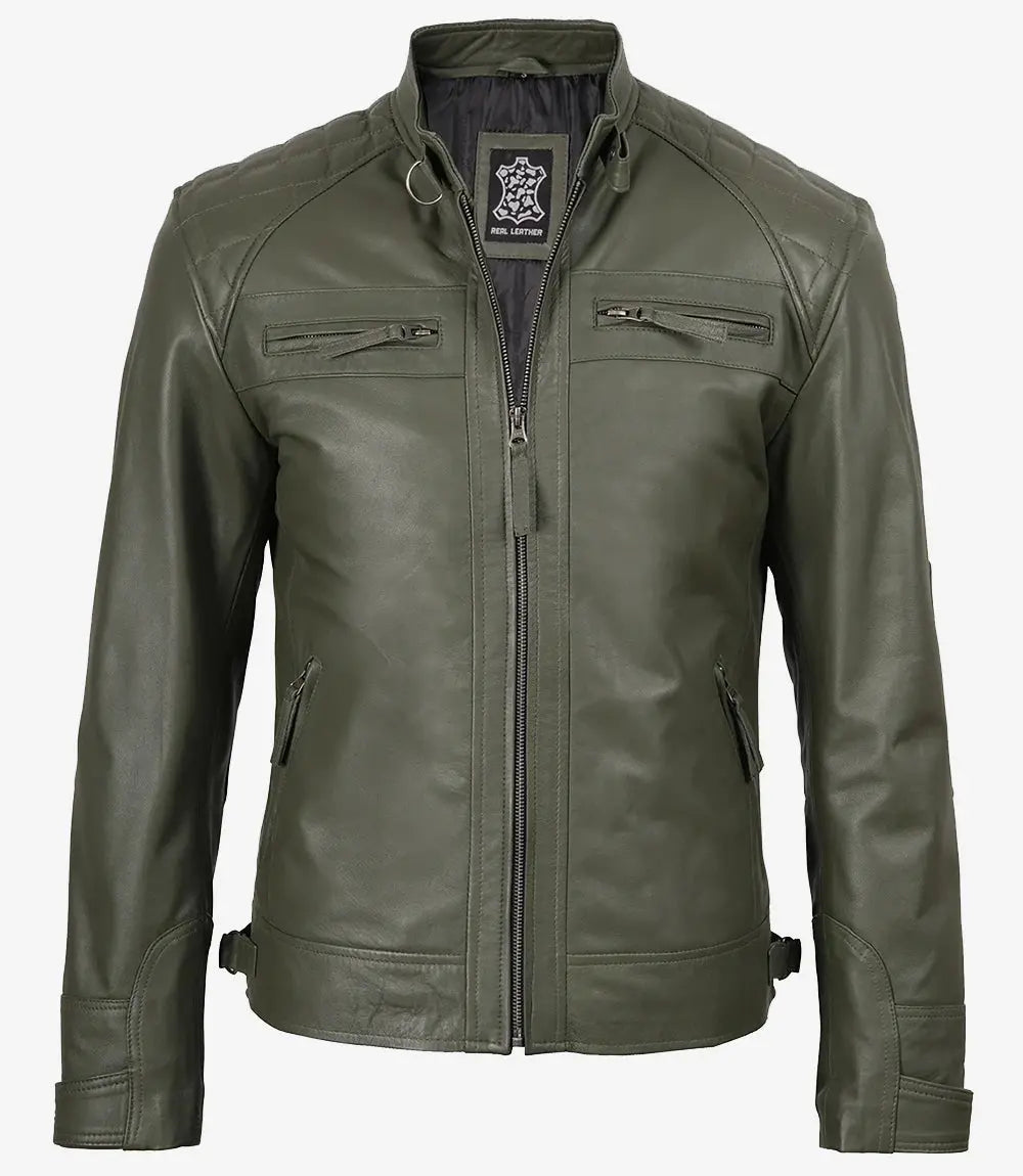 Men's Dark Green Real Leather Cafe Racer Biker Jacket USA Jackets