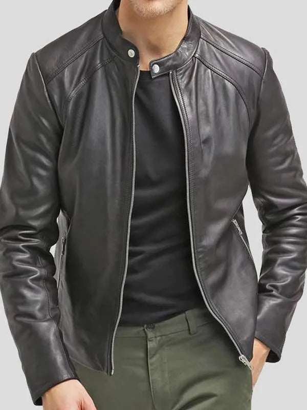 Men Cafe Racer Black Slim Fit Real Leather Jacket USA Jackets