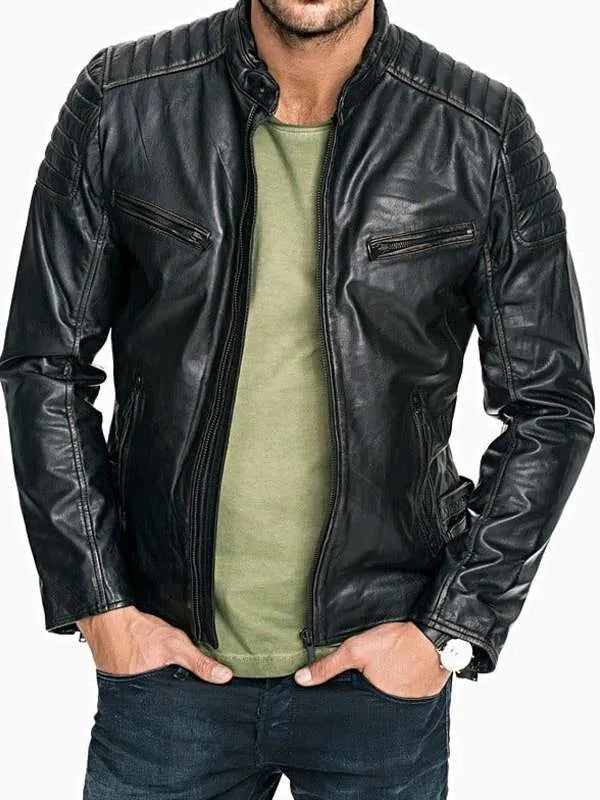 Men Quilted Sheepskin Distressed Black Leather Jacket USA Jackets