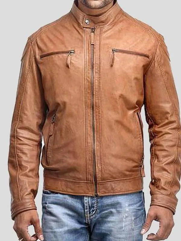 Men’s Cafe Racer 4 Zipper Pockets Brown Real Leather Jacket USA Jackets