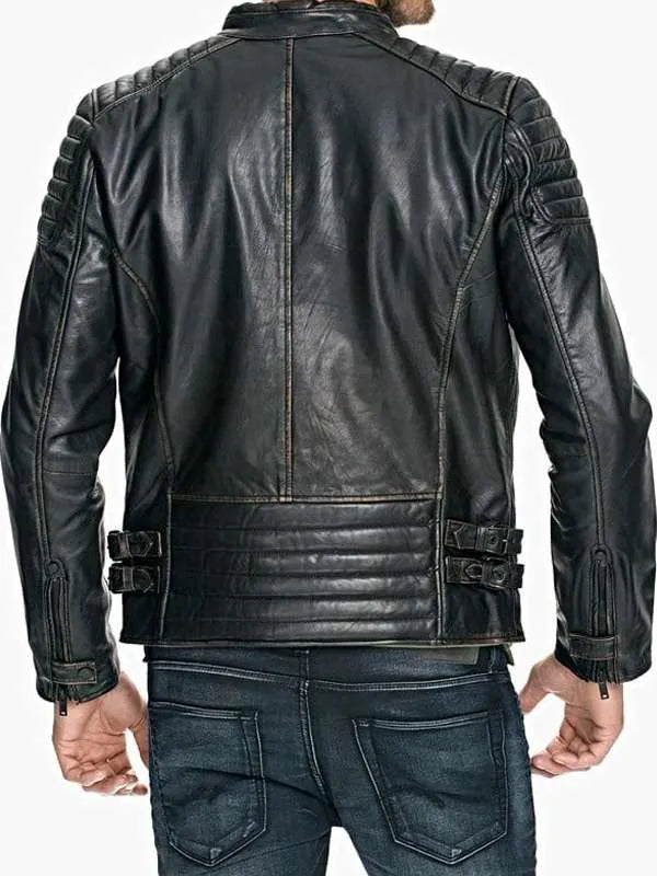 Men Quilted Sheepskin Distressed Black Leather Jacket USA Jackets